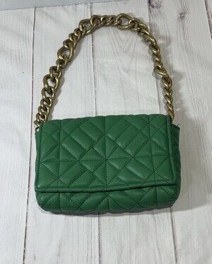 ZARA Shoulder Bag Mini Kelly Green Gold Chunky Strap Vegan Leather Inside Pocket